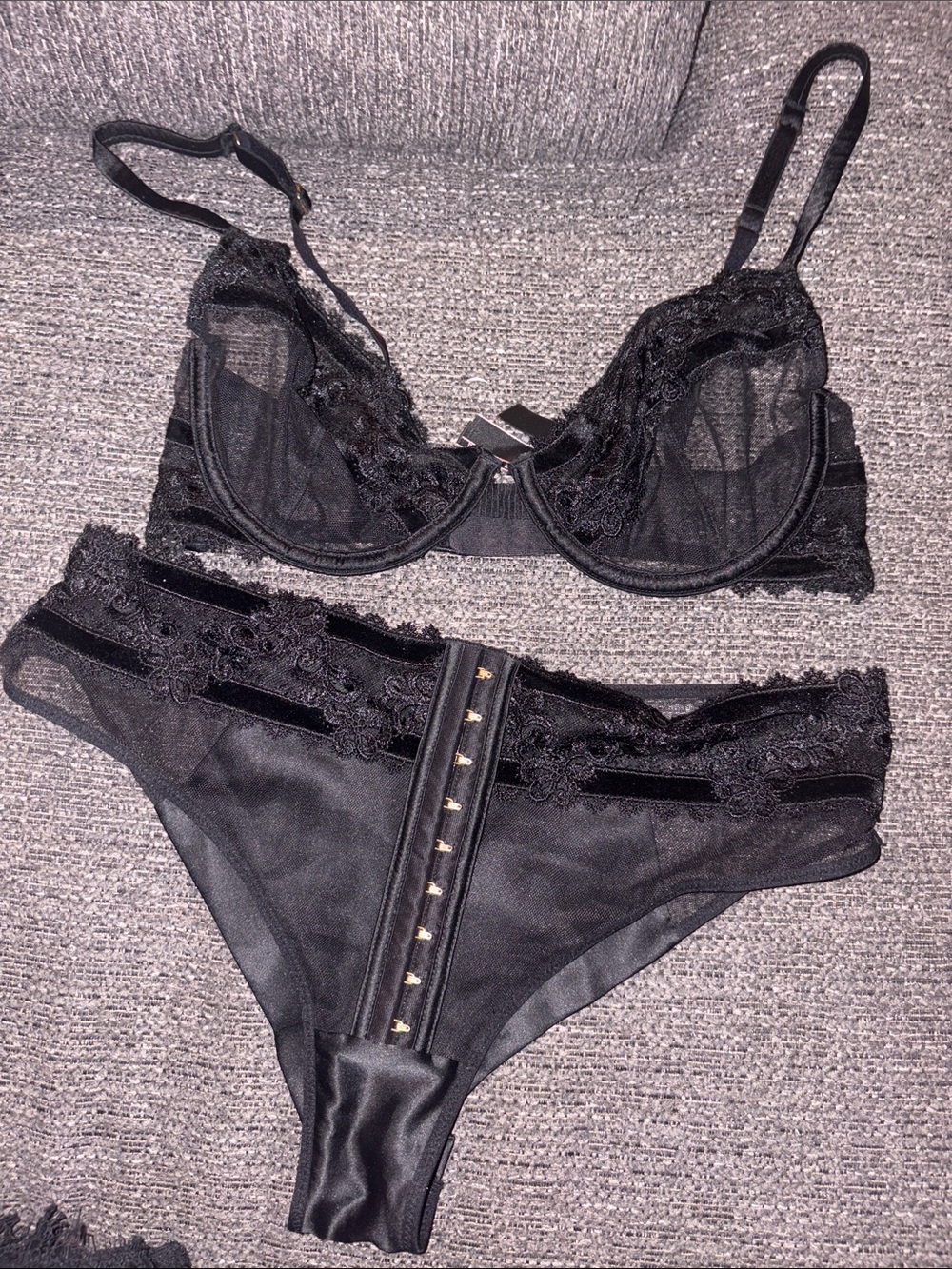 Victoria's Secret Black Sheer Lace Underwire Bra & Hook-Front Panty Set